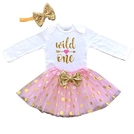 Wild One 1st Birthday Girl Outfit, Pink and Gold First Birthday Tutu Dress, Pink Wild One Long Sleeve, 12 Months