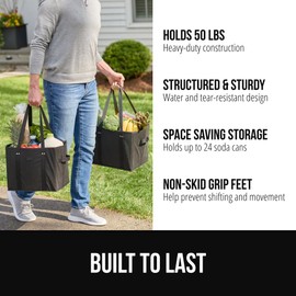 GORILLA GRIP Heavy Duty Foldable Reusable Grocery Bags, 5 Pack, Tear Resistant Box Shape Shopping Tote with Reinforced Handles, Grip Feet, Easily Carry and Transport Groceries, 13x10x11, Black