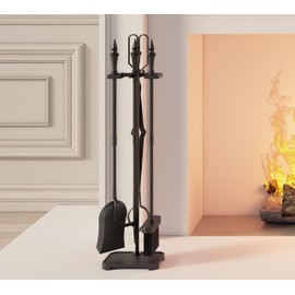 CALIDOLA 5-Piece Fireplace Tools Set - 29.5 in Cast Iron Black, Indoor & Outdoor Fireplace Accessories with Log Shovel, Brush, Tong, and Poker