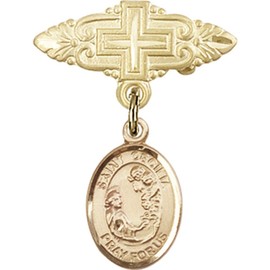 Gold Filled Baby Badge with St. Cecilia Charm and Badge Pin with Cross 1 X 3/4 inches