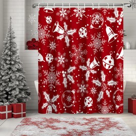 DASHAN Red Christmas Shower Curtain Xmas Snowflake Bells Balls Shower Curtains for Bathroom Winter Holiday Bathroom Curtain New Year Waterproof Fabric Bath Curtain 72"x72"