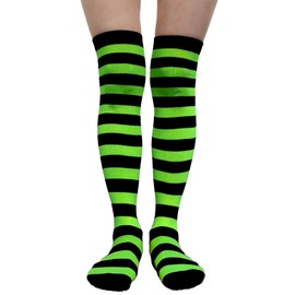 Couver Women Cotton Thigh High Over Knee Socks - Striped Boot Socks & Leg Warmers for Daily, Sports, Cosplay, Black/Lime Green, 1 Pair