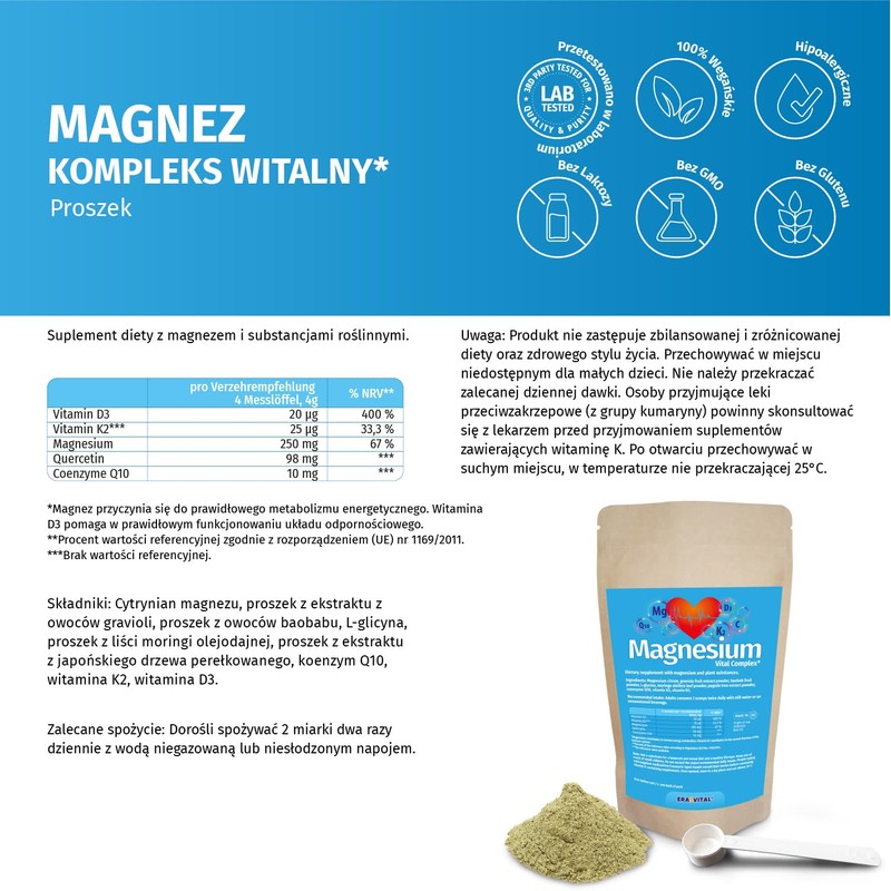Magnesium Vitalkomplex Pulver mit Magnesium-Citrat, Baobab Fruchtpulver, L-Glycin, Coenzym Q10,