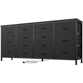 Takywep 14 Drawer Dresser TV Stand, Built-in Power Outlets & USB Ports, 63" W Long Wide Chest of Drawers, Fabric Storage Organizer Drawer Unit