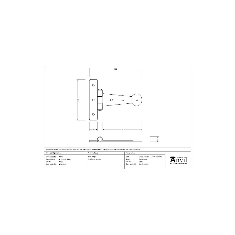 From The Anvil Black 4 Inch Penny End T Hinge