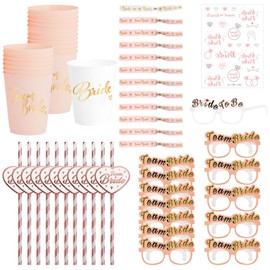 Angenster Hen Party Accessories,Team Bride Plastic Cups Straws Tattoo Stickers Gold Silk Screen Wristbands Bachelorette Bridesmaids Glasses,Hen Party Table Decorations