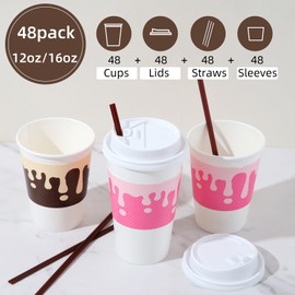 Tamone 48 PACK 12OZ Disposable Easter Coffee Cups with Lids, Sleeves and Stirrers, Strawberry and Chocolate To Go Coffee Cups with Lids Leak Proof, White Paper Cups for Cold/Hot Beverage Chocolate