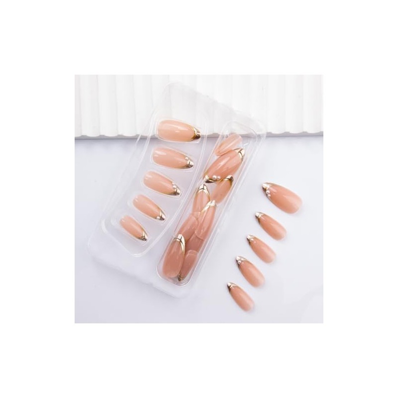 Uñas postizas con punta francesa dorada, almendra, color nude brillante,