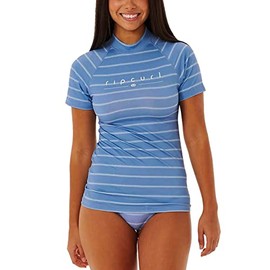 RIP CURL Womens Golden Rays Short Sleeve UV Rash Vest Top - Blue White - UV Sun Protection and SPF Properties