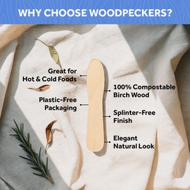 Compostable Ice Cream Spoons, Wood Disposable Utensils, 100 Wood Spoons, Compostable Utensils For Party, Strong and Durable By Woodpeckers