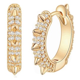 Street Knitted Fully Iced Cz Trendy Small Punk Style Spiked Yellow Gold 925 Sterling Silver Men’s Spike Huggie Hoop Earrings, Medium, Sterling Silver, Cubic Zirconia