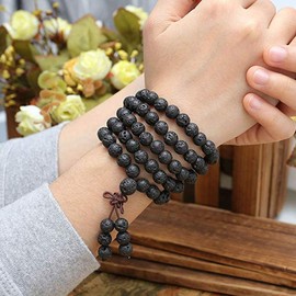 niumanery 108 Natural Gemstone Buddha Prayer Beads Bracelets Buddhist Rosary Necklace, Material: black lava stone
