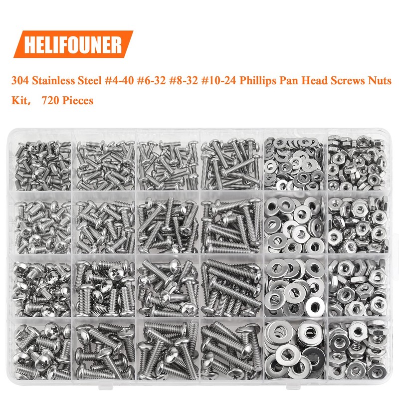 HELIFOUNER 720 Pieces #4-40#6-32#8-32#10-24 Phillips Pan Head Machine Screws Nuts