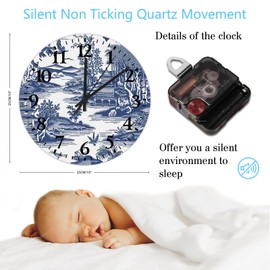 10" Silent Non-Ticking Wall Clocks Chinoiserie Asian Pagoda White Blue Porcelain Wall Decor for Garage Chinoiserie Toile Oriental Floral Frameless Round Wooden Wall Clock Rustic for Garden Study Room