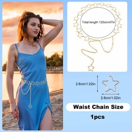 Waist Chain, Gold Star Waist Chain Belt Adjustable Link Belt Metal Waists Chains Women Fashion Accessory for Dresses Skirts Jeans Women Girls Ladies