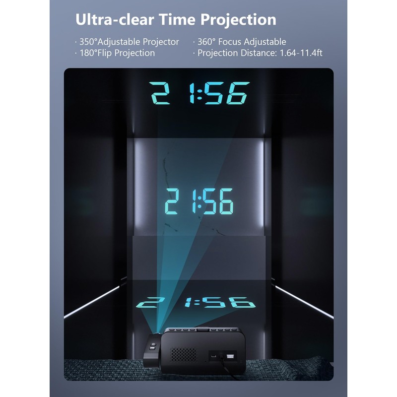 Projection Alarm Clock for Bedroom, Alarm Clock with 350° Rotatable