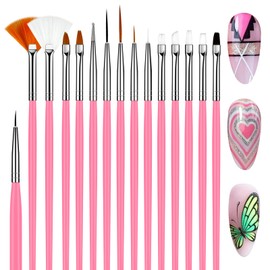 MUIIGOOD 15pcs Pink Nail Art Brushes Set Nail Pen Designer Acrylic Nail Art Gel Painting Brushes Tool Dust Brush,Striping Brushes Dotting Tools for Long Lines Fan Brush Gel Polish Nail Art Supplies