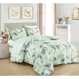 Chezmoi Collection Cristie 7-Piece Floral Bed in a Bag King Comforter Set - Green Gray White Watercolor Floral Printed Microfiber Bedding Set