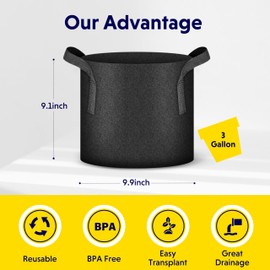 iPower 10-Pack 3 Gallon Plant Bags Heavy Duty Thickened Nonwoven Fabric Potato Growing Pot, Aeration Durable Container with Reinforced Strap Handles, Black