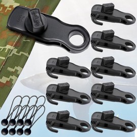 Tarpaulin Tensioner Clips, 8 Pieces Tarpaulin Tensioners with Hooks and 8 Pieces Elastic Straps with Ball, Shark-Shaped Tarp Clips, Durable Set for Tarpaulin, Tarp, Camping, Motorhome, Accessories,