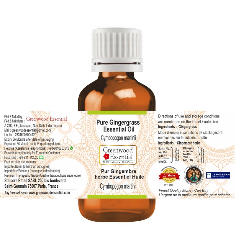 Greenwood Essential Pure Gingergrass Essential Oil (Cymbopogon martinii) Steam Distilled