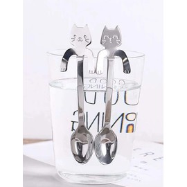 2Pcs Cute Funny Cat Metal Coating Stainless Steel Spoons Coffee Tea Set Stirring Hanging Spoons, Tableware Flatware Kitchen Supplies for Dessert Drink Mixing