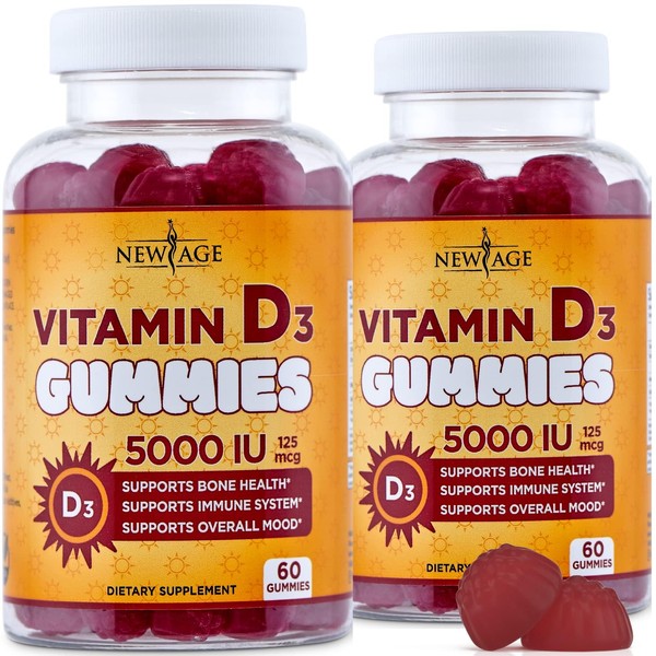 NEW AGE Vitamin D3 5000 IU 125mcg Gummies - Support Immune Support, Strong Bone Health - Non-GMO, Gluten-Free, Dairy-Free, No Gelatin (120 Gummies (Pack of 2))