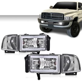 LQI LED Light Strip Headlight w/o Bulbs Compatible with Dodge Ram 1500 1994 1995 1996 1997 1998 1999 2000 2001/Dodge Ram 2500 3500 1994-2002,Clear Lens Chrome Housing Clear Reflector