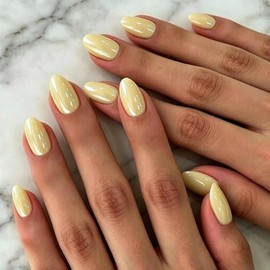 Uñas postizas cortas de cromo amarillo pastel, uñas postizas almendradas extra cortas brillantes con pegamento y pestañas, uñas postizas ovaladas grue