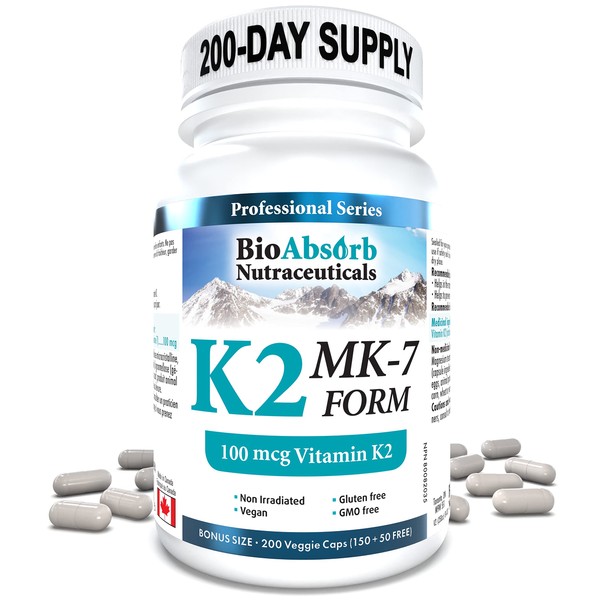 Bio Absorb Vitamin K2 MK-7 Form Supplement. 100 mcg. 200-Day Supply (200 Veggie Capsules).