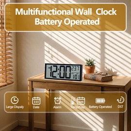 Maxstar Large Digital Wall Clock, 16" Digital Clock Battery Operated with Date and Temperature, 12/24H, Seconds, Alarm, DST, Desktop/Wall Mounted for Home, Office, Bedroom(Black)
