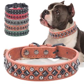 Stylish PU Leather Dog Collar with Alloy Buckle, Black Diamond Rivets, Adjustable, Durable for Small, Medium, Large Dogs - Brown S