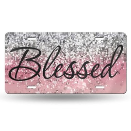 Christian Religious Blessed Pink Glitter Bling Blessed Aluminum Plate Decorative for Car Novelty Car Sign Vanity Tag 6×12 Inch - 4 Holes