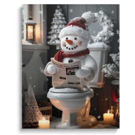 Funny Christmas Bathroom Canvas Wall Art Decor - Snowman Reading Newspaper on Toilet with Festive Decor, Holiday Humor for Bathroom, 16X20 inch Unique Christmas Canvas Art Gift for Friends and Family