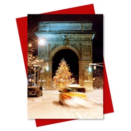 ArtMalore Washington Arch Christmas Tree NYC Holiday Greeting Card - 5x7 Inch Premium Card with Red Envelope - New York City Winter Night Scene - Blank Inside Small Business USA