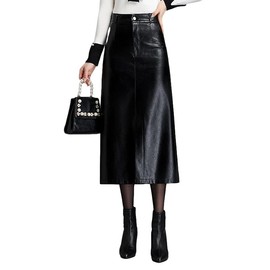 SUNYUESTAR Long Leather Skirts for Women Casual High Waisted Fall Winter Bodycon Midi Skirt with Slit(Black, L)
