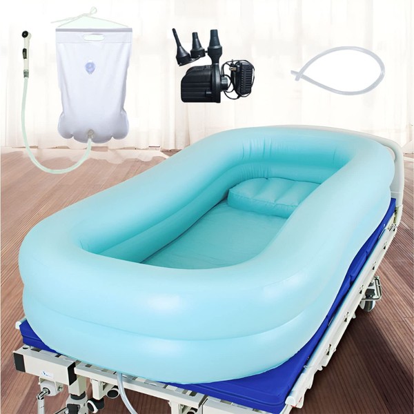 PAYRFV Bedside Shower Bathtub Kit Inflatable Adult PVC with Electric Air Pump and Water Bag, Wash Fullbody in Bed, Portable for Elderly Disabled Seniors Handicapped, Light blue