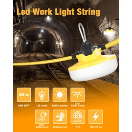 JC-LGL LED Construction String Light 50FT, 65W 8000Lm Industrial LED String Work Lights with 5 Bulbs, 5000K Linkable Work Lights Temporary Lighting for Construction Site, Job Site, Attic, Crawl Space