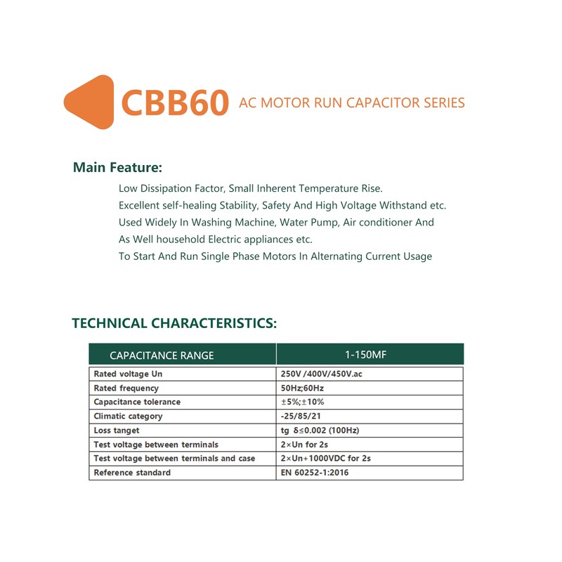 CBB60 100uf ±5% Motor Run Capacitor MFD 110/125/250VAC 50/60hz Cylindrical