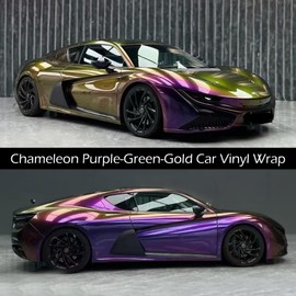 AuMoHall Chameleon Purple Green Gold Car Vinyl Wrap Film Glossy Chameleon Metallic Color Shift Vinyl Wrap with Air Release Technology for DIY Vehicle Interior Exterior Decoration, 59.84" x 11.81"