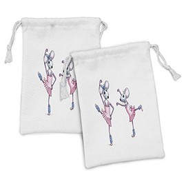 Ambesonne Retro Fabric Pouch Set of 2, Watercolor Style Illustration Dancing Ballerina Mice with Pink in Pink Dresses, Small Drawstring Bag for Toiletries Masks and Favors, 9" x 6", Multicolor