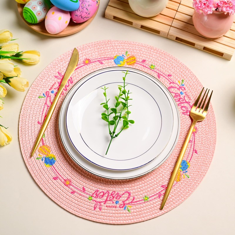 Round Easter Placemats Set of 4 Pink Easter Egg Bunny