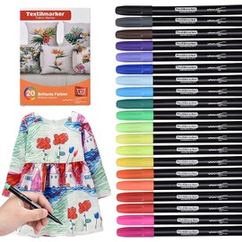 Washable Textile Markers, Pack of 20 Waterproof Textile Pens in Bright Colours, Non-Toxic Permanent Markers, Fabric Paints for Shoes, T-Shirts, Bags, Fabric Bags and Various Textiles