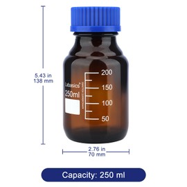 Labasics Reagent Media Storage Bottles, 1 Pack Amber Glass Graduated Round Bottles for Lab Reagent Media Storage Bottles with Blue Screw Cap, 250 ml