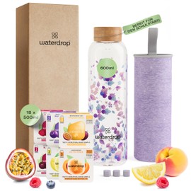 waterdrop® Schulstart Set – Trinkflasche Kinder – 18 zuckerfrei Getränkewürfel zum Auflösen – 6 fruchtige Sorten – 600ml Glasflasche auslaufsicher – Kohlensäure geeignet – Einschulung, Schulanfang