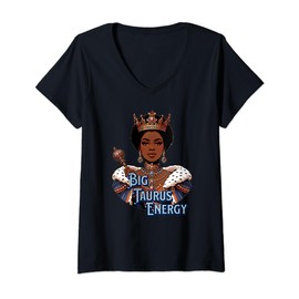 Womens Taurus Queen Zodiac Crown Savage Petty Afro Regal V-Neck T-Shirt