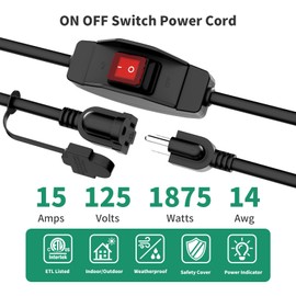 KASONIC 3 Prong Extension Cord with Switch, 1875W 15A Grounded Outlets with Safety Cover, 14/3 SJTW Cable On Off Waterproof Switch for Indoor Outdoor Use (12 FT)