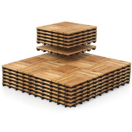 Giantex 30 PCS Acacia Wood Interlocking Patio Deck Tiles, 12" x 12" Indoor Outdoor Flooring Tiles for Balcony, Garden, Poolside, 30 Sq.ft Coverage, No Tools Required (Natural Wood, Checker Pattern)