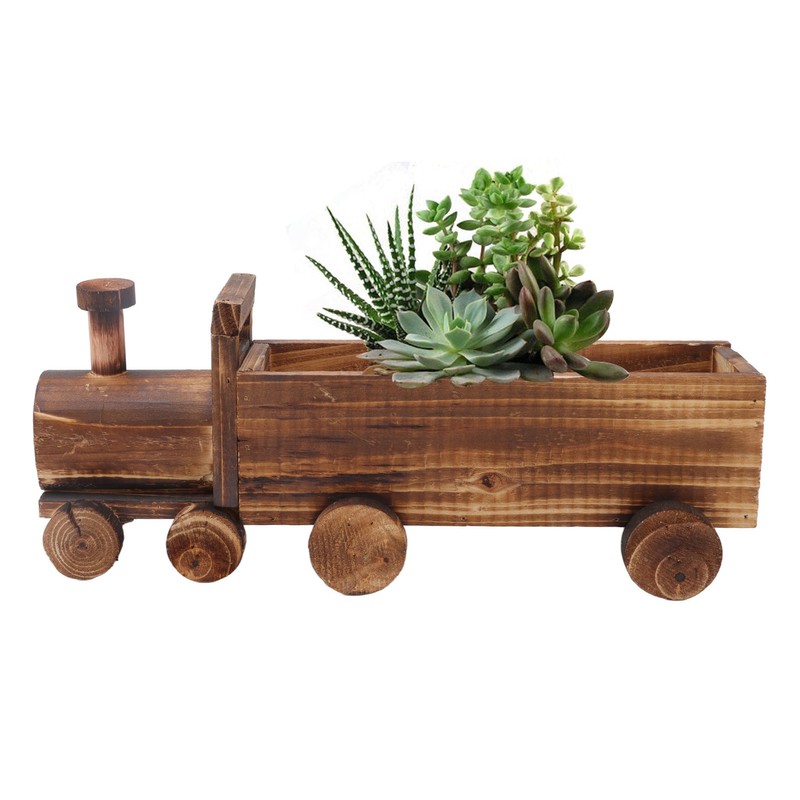 Wooden Flower Pot Cartoon Train Shape Good Ventilation Succulent Flower