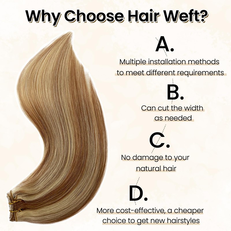 Weft Hair Extensions Human Hair, 12/613 Golden Brown to Bleach